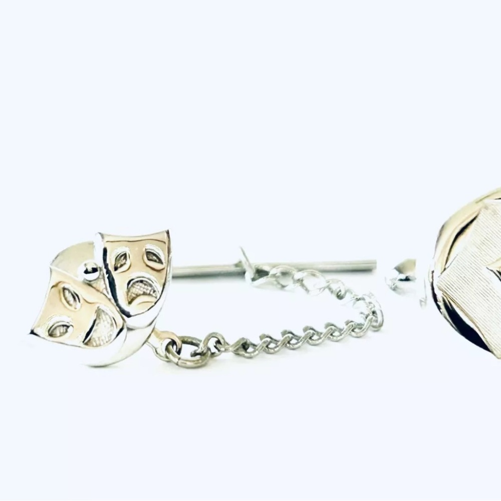 Vintage Mid Century Modern Comedy/Tragedy Silver Cufflinks And Tie Pin Set